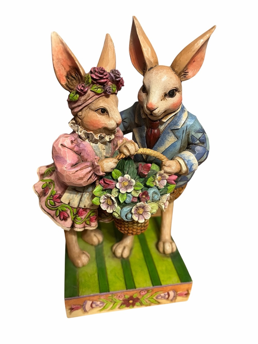 2006 Jim Shore Easter Bunny Couple Figurine in Pink and Blue with Green Base
